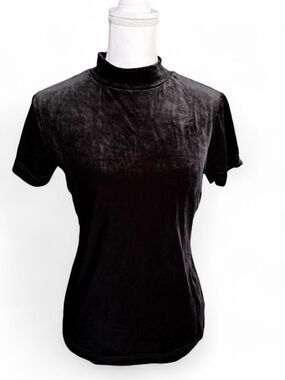 Black Velvet Mock Neck Top Soft Stretch Goth Y2K Minimalist Medium Alternative
